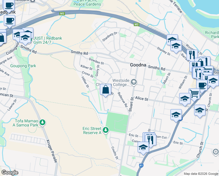map of restaurants, bars, coffee shops, grocery stores, and more near 183 Cross Street in Goodna