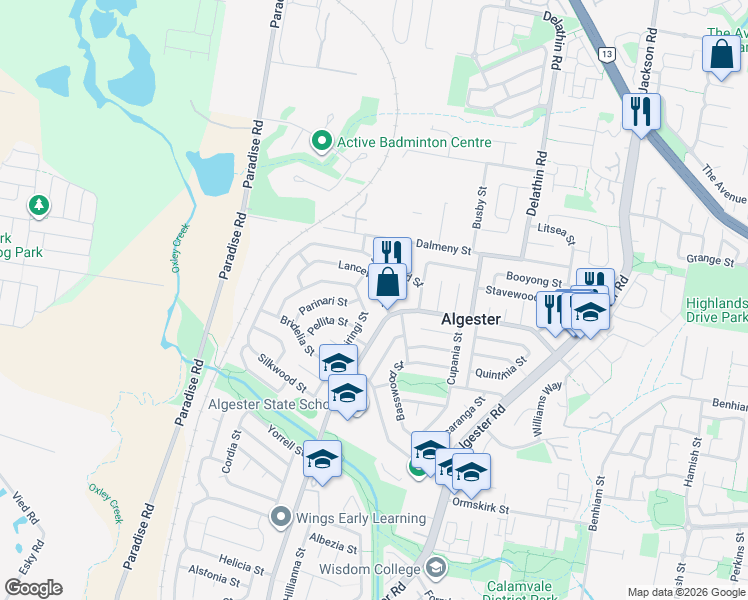 map of restaurants, bars, coffee shops, grocery stores, and more near 6 Lancewood Street in Algester
