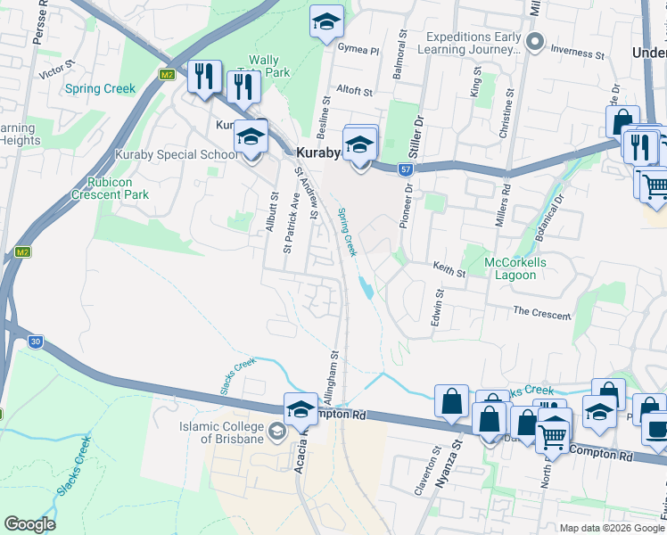 map of restaurants, bars, coffee shops, grocery stores, and more near 106 Saint Andrew Street in Kuraby