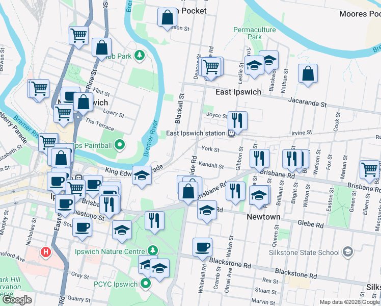 map of restaurants, bars, coffee shops, grocery stores, and more near 102 Chermside Road in East Ipswich