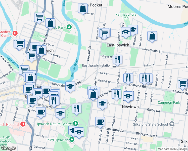map of restaurants, bars, coffee shops, grocery stores, and more near 102 Chermside Road in East Ipswich