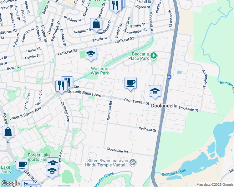 map of restaurants, bars, coffee shops, grocery stores, and more near 1 Grandly Street in Doolandella