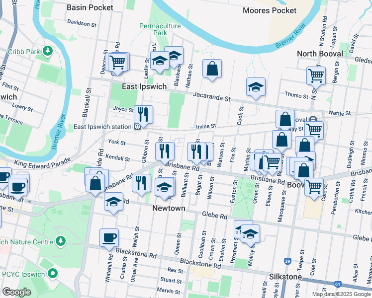 map of restaurants, bars, coffee shops, grocery stores, and more near 10 Newtown Street in East Ipswich