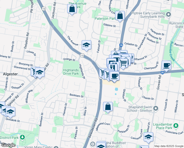 map of restaurants, bars, coffee shops, grocery stores, and more near 18 Mornington Court in Calamvale