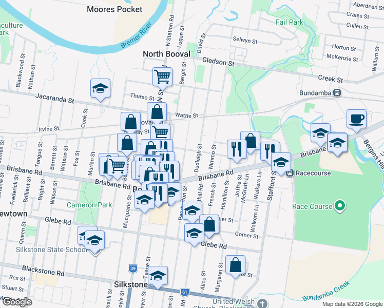 map of restaurants, bars, coffee shops, grocery stores, and more near 31 Clifton Street in Booval