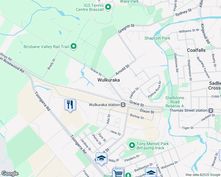 map of restaurants, bars, coffee shops, grocery stores, and more near 86 Grace Street in Wulkuraka