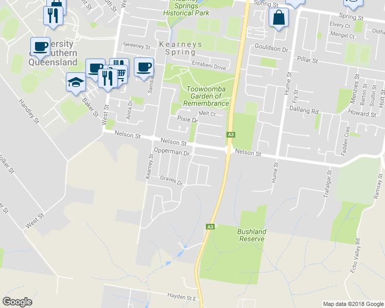 map of restaurants, bars, coffee shops, grocery stores, and more near Opperman Drive in Kearneys Spring