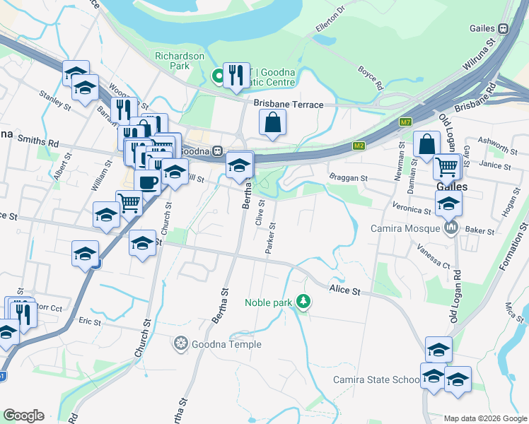 map of restaurants, bars, coffee shops, grocery stores, and more near 4 Clive Street in Goodna