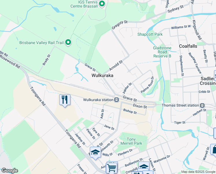 map of restaurants, bars, coffee shops, grocery stores, and more near 86 Grace Street in Wulkuraka