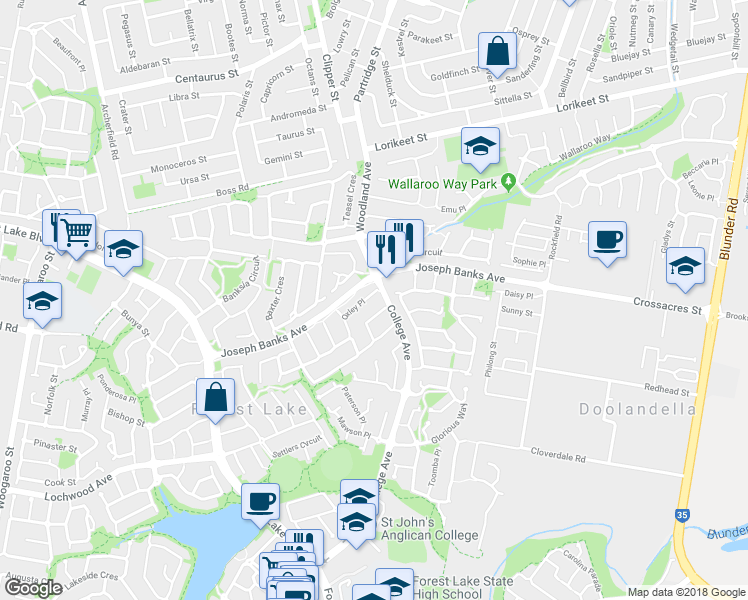 map of restaurants, bars, coffee shops, grocery stores, and more near 25 Oxley Place in Forest Lake