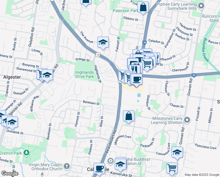 map of restaurants, bars, coffee shops, grocery stores, and more near 21 Watervale Place in Calamvale
