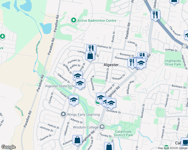 map of restaurants, bars, coffee shops, grocery stores, and more near 23 Basswood Street in Algester
