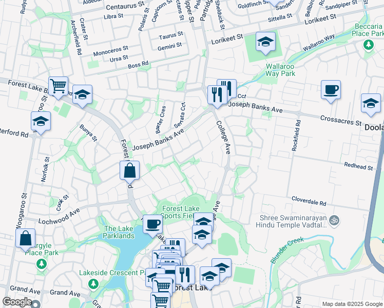 map of restaurants, bars, coffee shops, grocery stores, and more near 53 Leichhardt Circuit in Forest Lake
