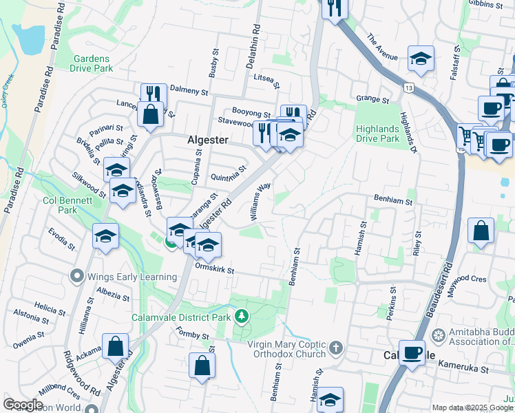 map of restaurants, bars, coffee shops, grocery stores, and more near 9 Williams Way in Calamvale