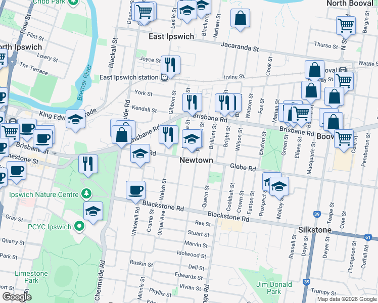 map of restaurants, bars, coffee shops, grocery stores, and more near 26A Lusitania Street in Newtown