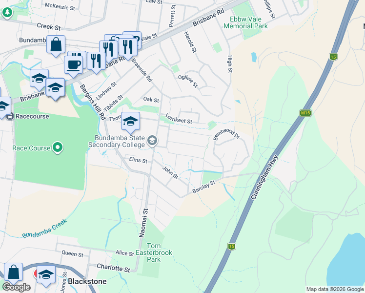 map of restaurants, bars, coffee shops, grocery stores, and more near 15 Belleglade Avenue in Bundamba