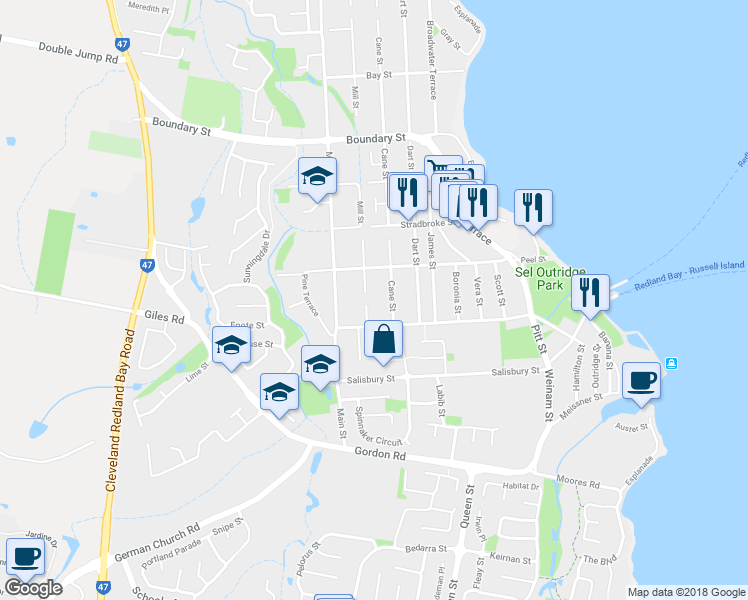 map of restaurants, bars, coffee shops, grocery stores, and more near 226 Mill Street in Redland Bay