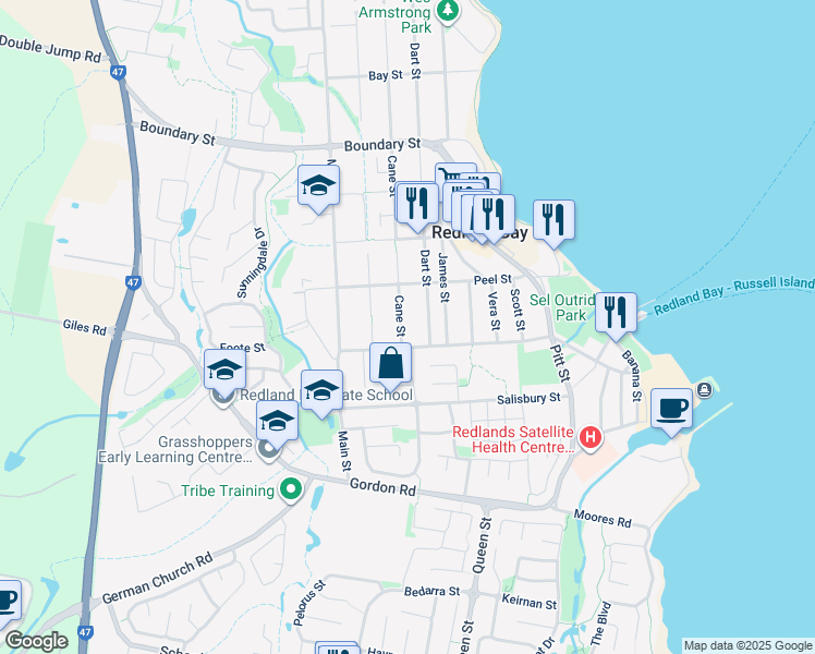 map of restaurants, bars, coffee shops, grocery stores, and more near 232 Cane Street in Redland Bay