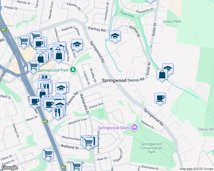 map of restaurants, bars, coffee shops, grocery stores, and more near 8 Cynthia Crescent in Springwood