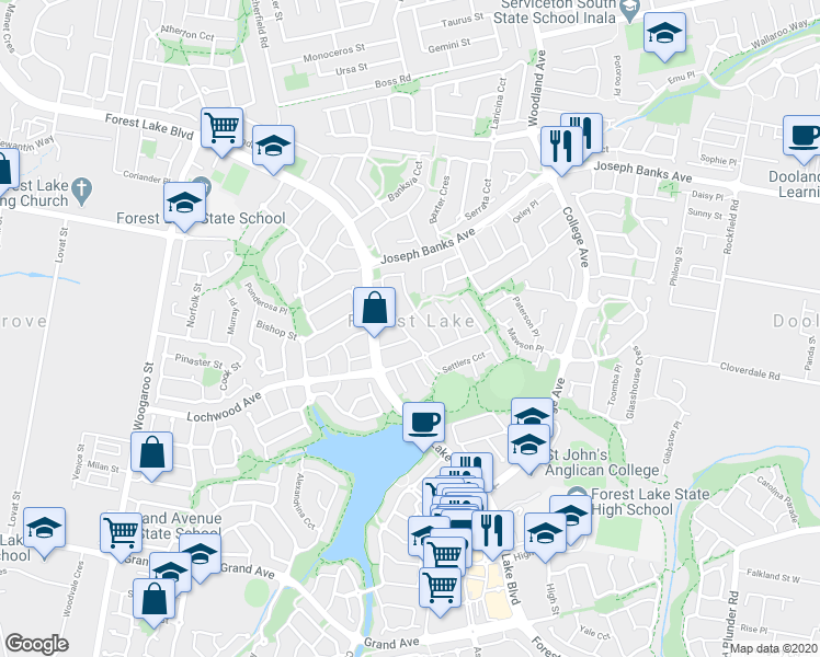 map of restaurants, bars, coffee shops, grocery stores, and more near 11 Flinders Crescent in Forest Lake