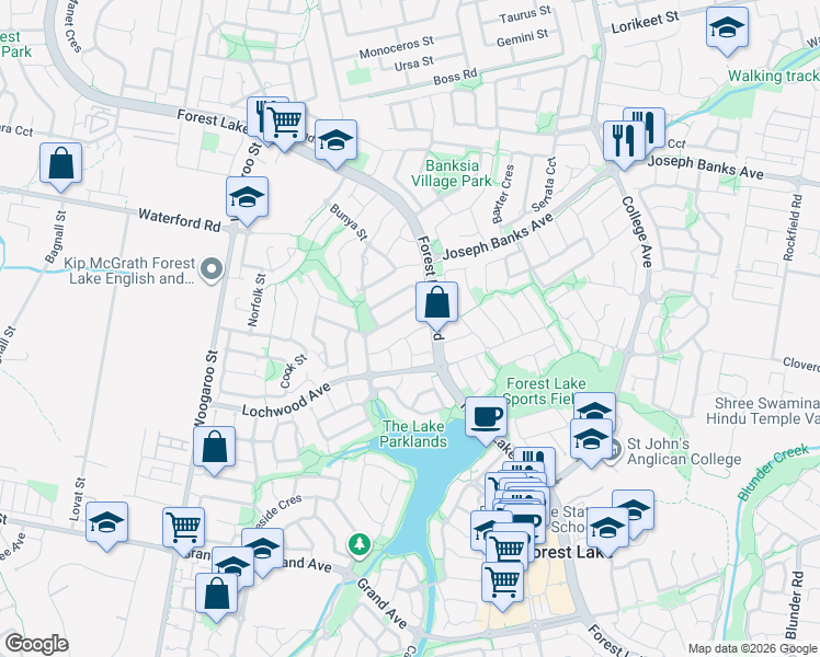 map of restaurants, bars, coffee shops, grocery stores, and more near 36 Mahogany Place in Forest Lake