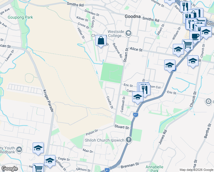 map of restaurants, bars, coffee shops, grocery stores, and more near 2 Arkins Crescent in Goodna