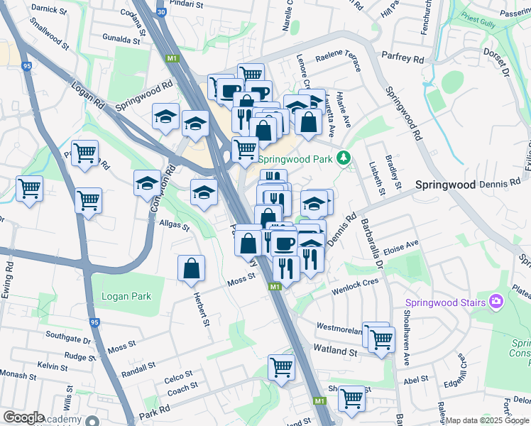 map of restaurants, bars, coffee shops, grocery stores, and more near 3350 Pacific Highway in Slacks Creek