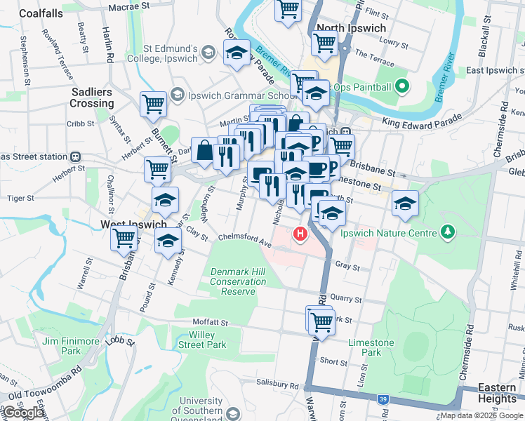 map of restaurants, bars, coffee shops, grocery stores, and more near 20 Ellenborough Street in Ipswich