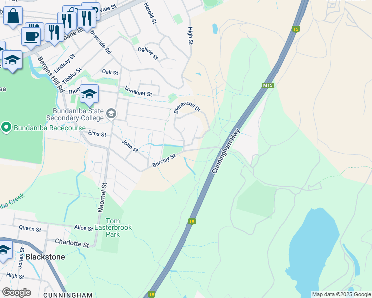 map of restaurants, bars, coffee shops, grocery stores, and more near 1 Weymouth Street in Bundamba