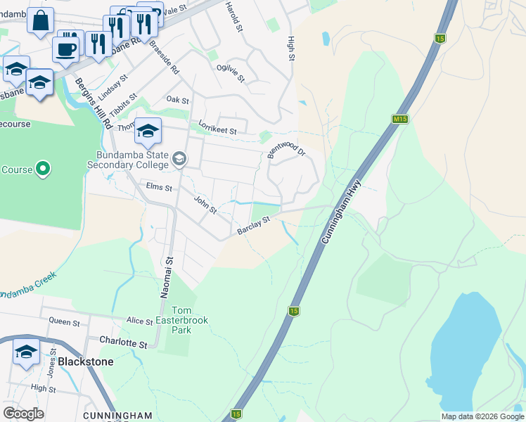 map of restaurants, bars, coffee shops, grocery stores, and more near 2 Brentwood Drive in Bundamba
