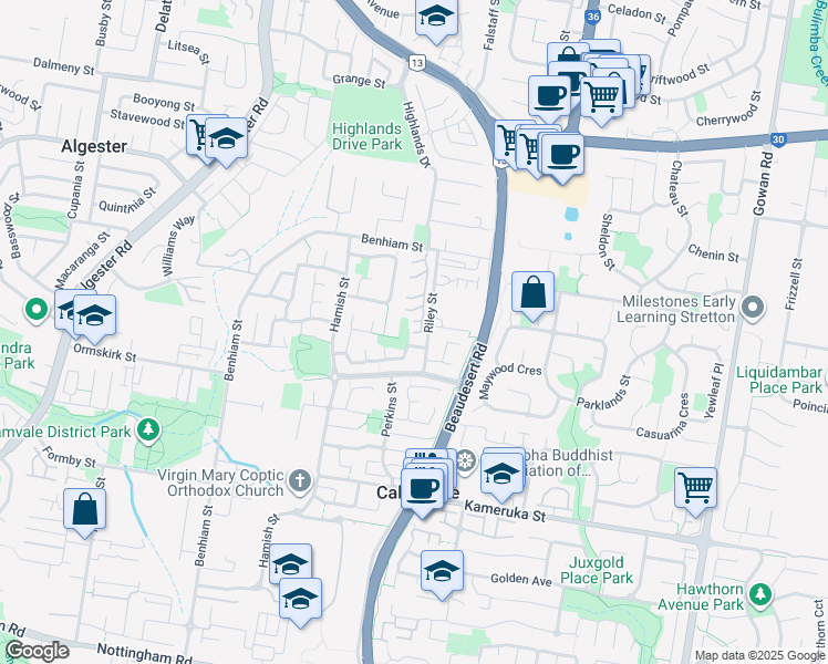 map of restaurants, bars, coffee shops, grocery stores, and more near 36 Benhiam Street in Calamvale