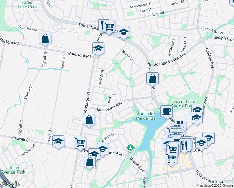 map of restaurants, bars, coffee shops, grocery stores, and more near 69 Cook Street in Forest Lake