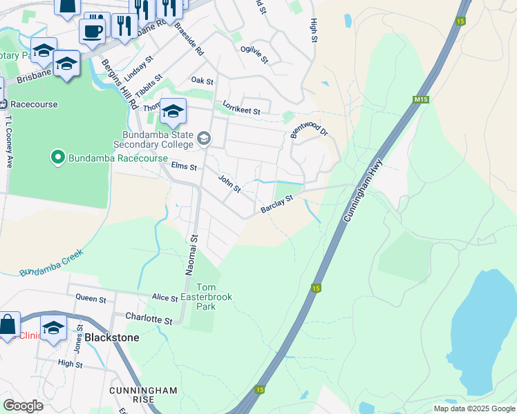 map of restaurants, bars, coffee shops, grocery stores, and more near 108 Barclay Street in Bundamba
