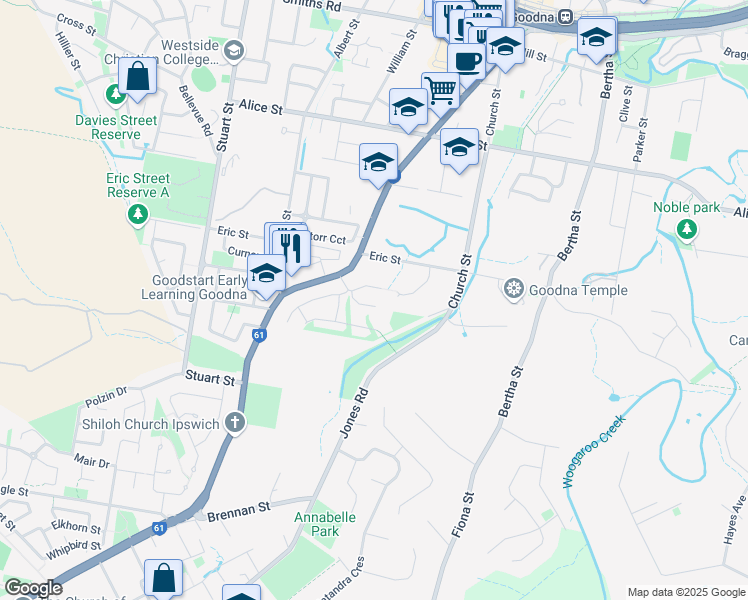 map of restaurants, bars, coffee shops, grocery stores, and more near 12 Figbird Close in Goodna