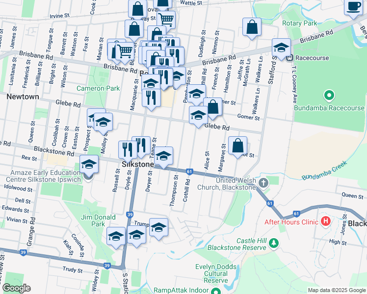 map of restaurants, bars, coffee shops, grocery stores, and more near 20 Thompson Street in Silkstone