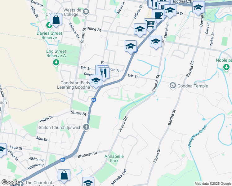 map of restaurants, bars, coffee shops, grocery stores, and more near 7 Bushlark Place in Goodna