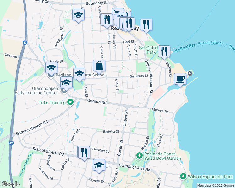 map of restaurants, bars, coffee shops, grocery stores, and more near 8 Lionel Court in Redland Bay
