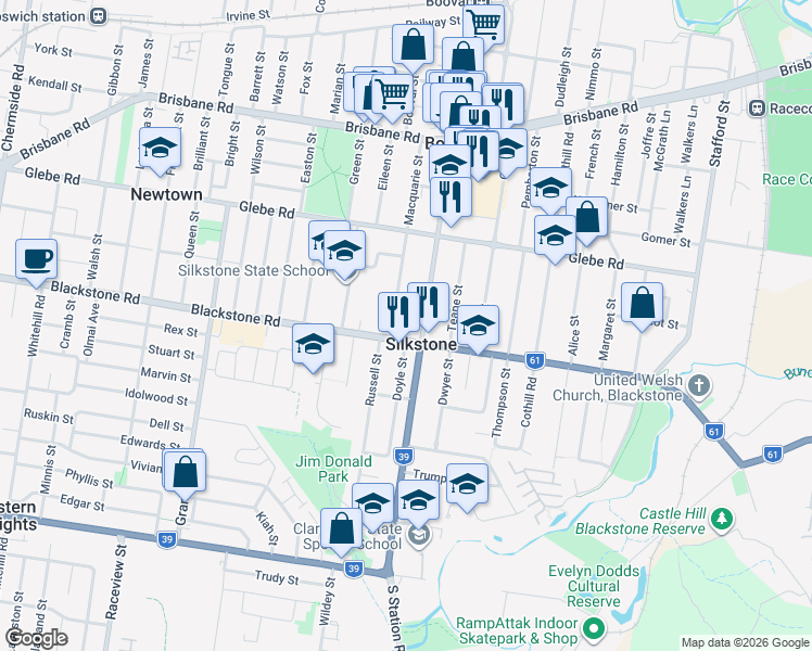 map of restaurants, bars, coffee shops, grocery stores, and more near 56 Macquarie Street in Silkstone