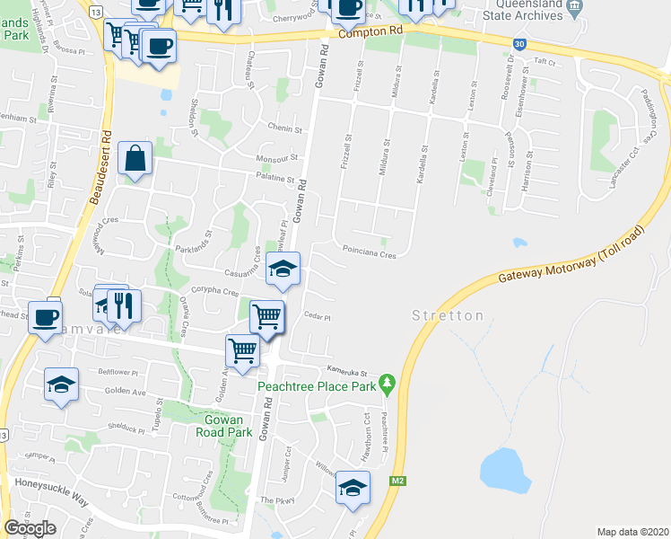 map of restaurants, bars, coffee shops, grocery stores, and more near 11 Tulipwood Place in Stretton