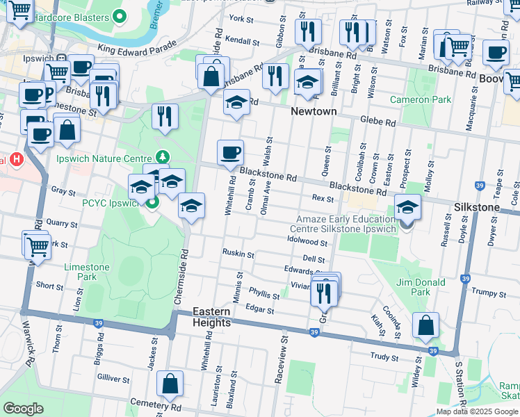 map of restaurants, bars, coffee shops, grocery stores, and more near 15 Olmai Avenue in Eastern Heights