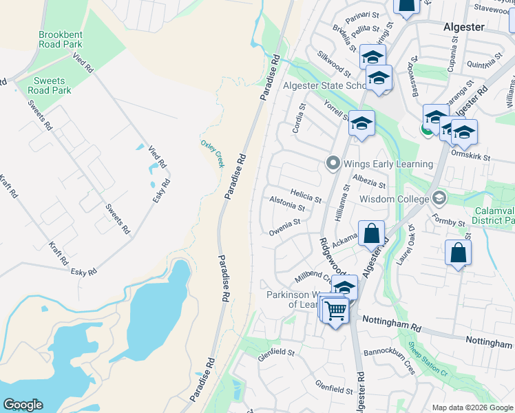 map of restaurants, bars, coffee shops, grocery stores, and more near 62 Owenia Street in Algester