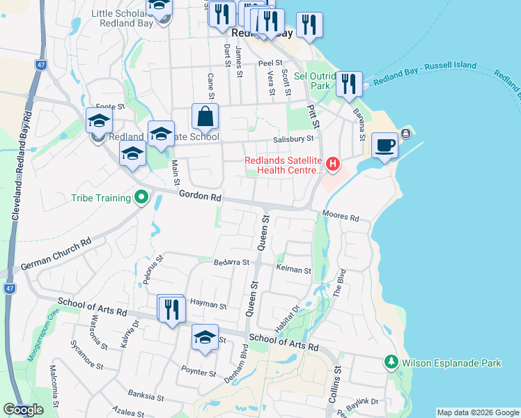map of restaurants, bars, coffee shops, grocery stores, and more near 13 Braemar Court in Redland Bay