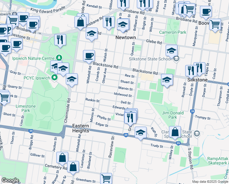 map of restaurants, bars, coffee shops, grocery stores, and more near 22 Idolwood Street in Eastern Heights