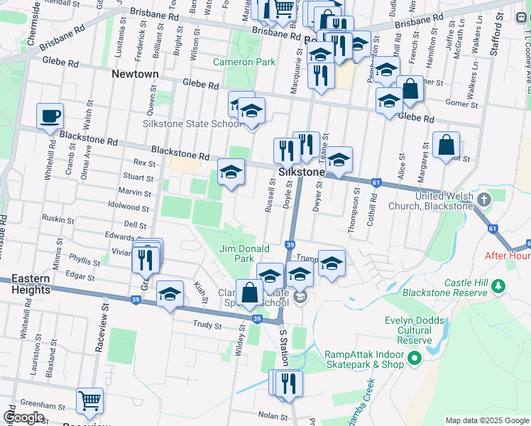 map of restaurants, bars, coffee shops, grocery stores, and more near 25 Russell Street in Silkstone