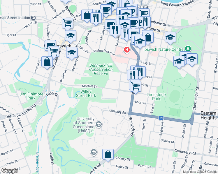 map of restaurants, bars, coffee shops, grocery stores, and more near 51 Moffatt Street in Ipswich