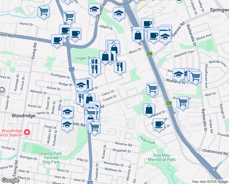 map of restaurants, bars, coffee shops, grocery stores, and more near 23 Celco Street in Slacks Creek