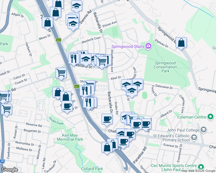 map of restaurants, bars, coffee shops, grocery stores, and more near 95 Barbaralla Drive in Springwood