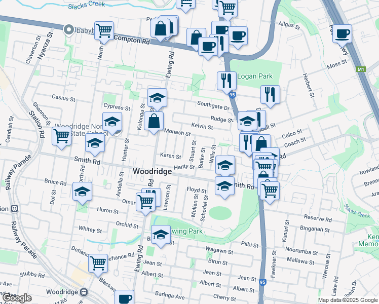 map of restaurants, bars, coffee shops, grocery stores, and more near 12 Stuart Street in Woodridge