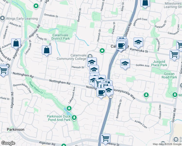 map of restaurants, bars, coffee shops, grocery stores, and more near 85 Nottingham Road in Calamvale