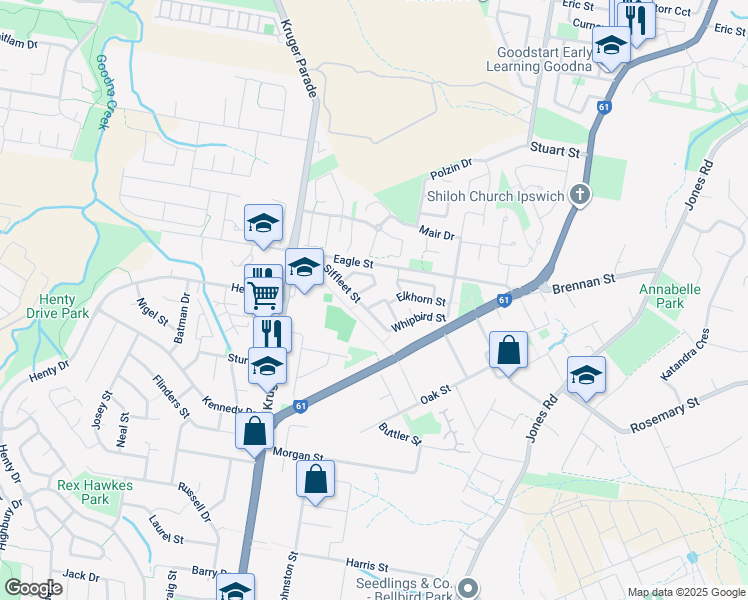 map of restaurants, bars, coffee shops, grocery stores, and more near 6 Bulmer Street in Bellbird Park